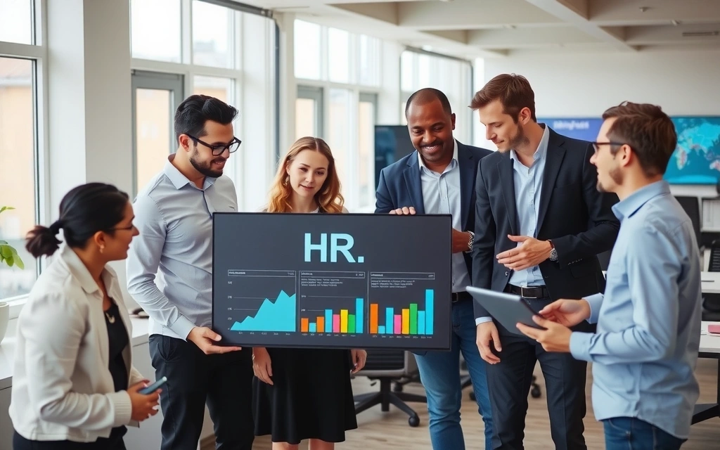 A diverse team collaborating in a modern, brightly lit office, looking at a digital dashboard with HR metrics.