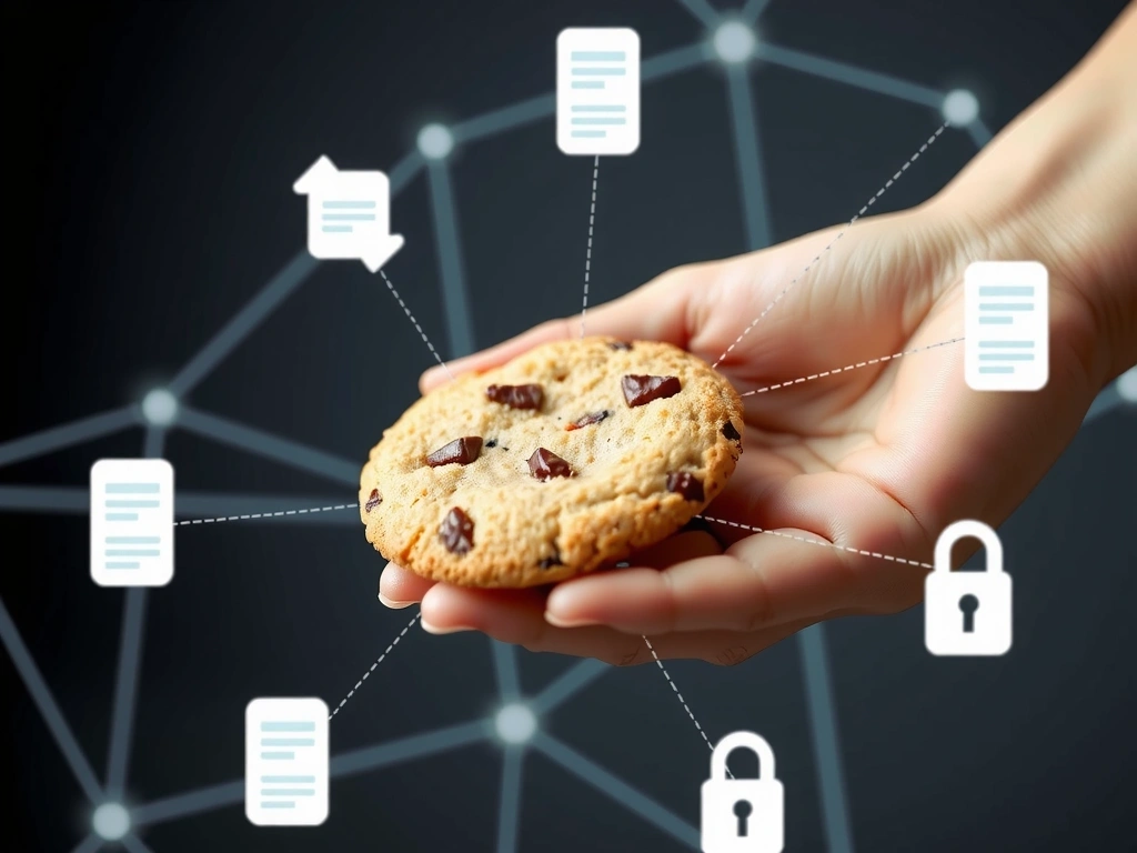 A hand holding a cookie with various digital elements floating around it, representing data privacy and website tracking.