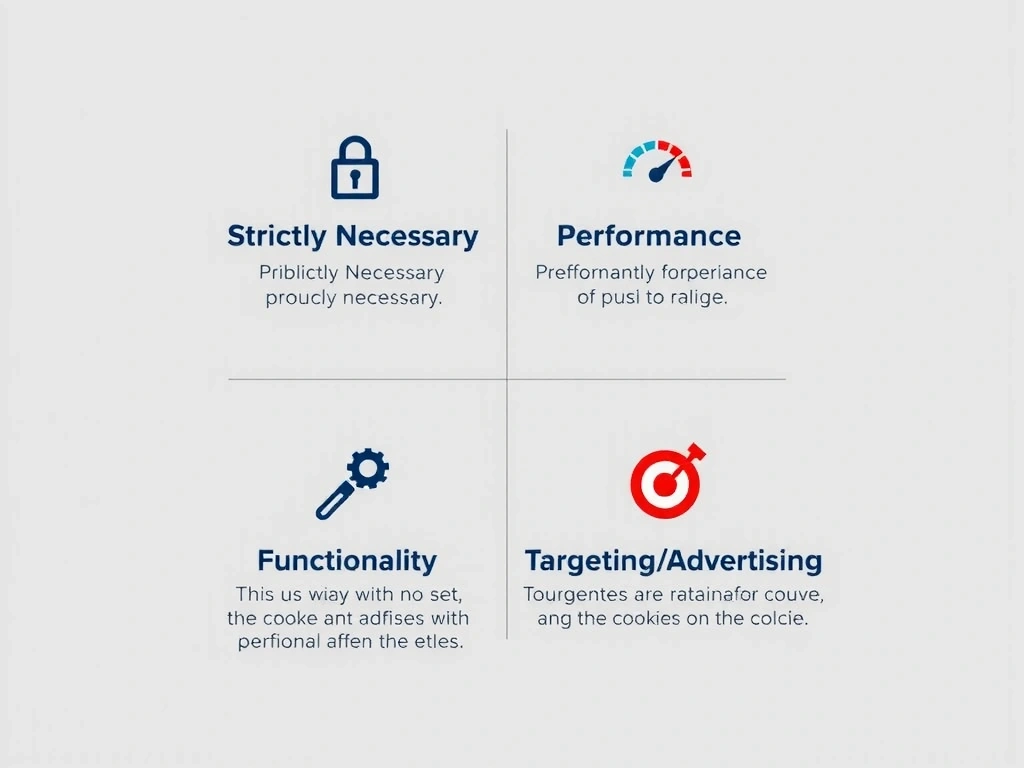A detailed infographic illustrating different types of cookies (necessary, performance, functionality, targeting) with distinct icons and brief descriptions, set against a modern, clean background.