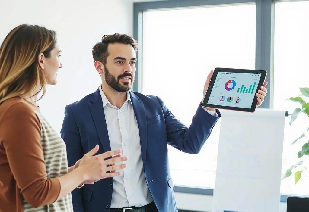 Professional demonstrating HR software on a tablet to a client